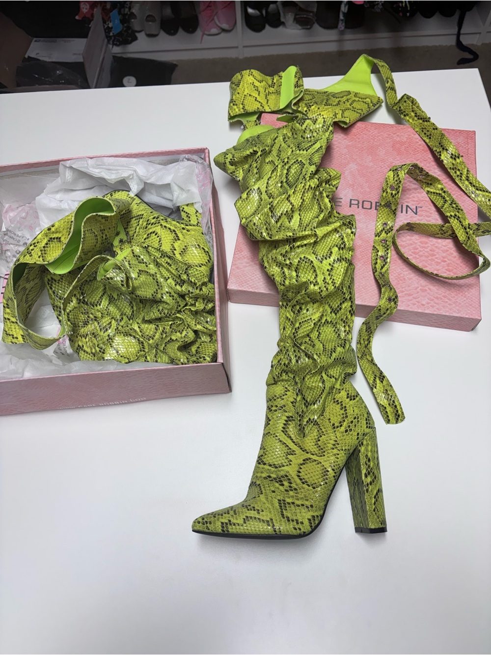 Lime Green Snake-Print Thigh High Belted Boots size 7